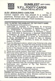 1975 Tip Top VFL Footy #2 Alex Jesaulenko Back